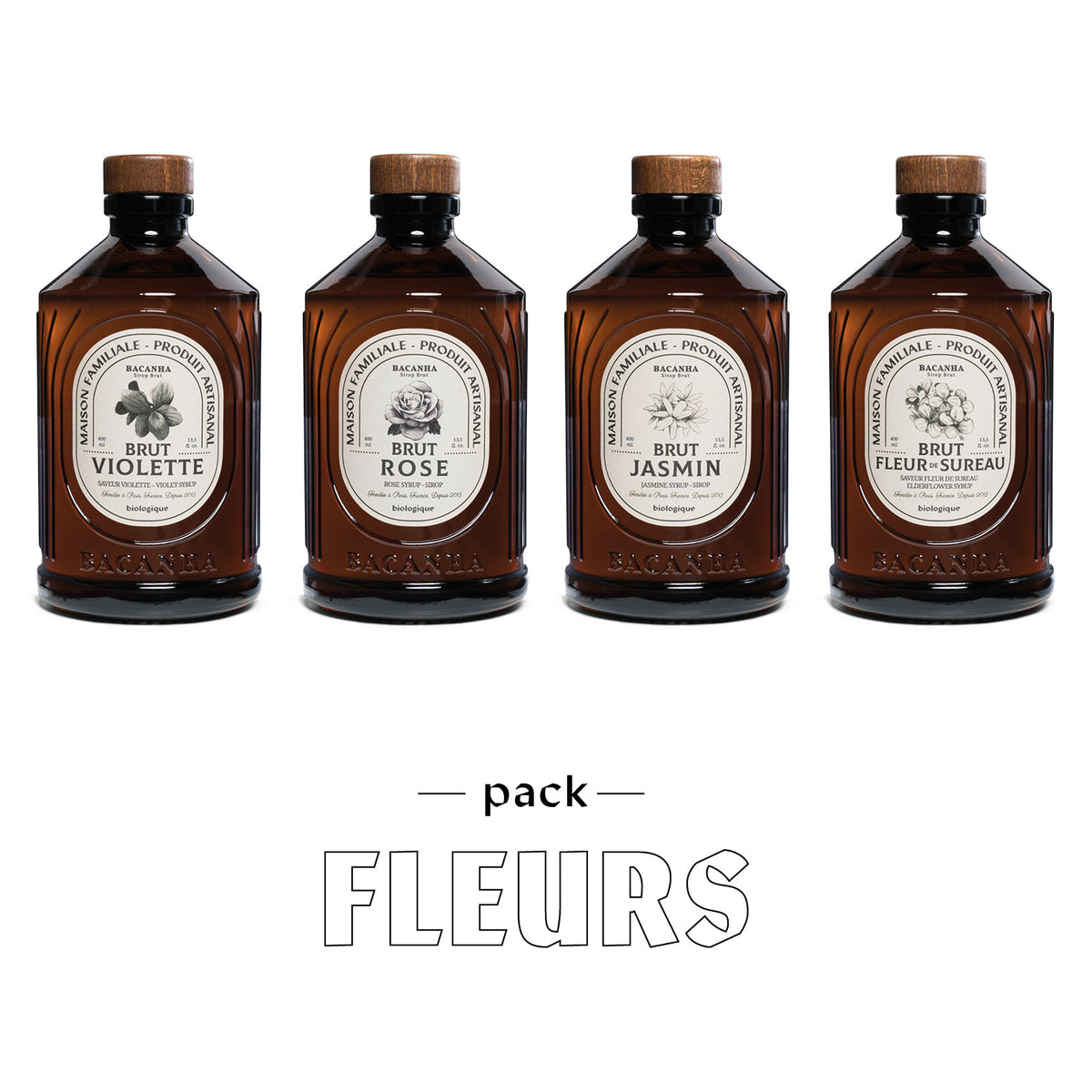 sirops bruts violette, rose, jasmin, fleur de sureau