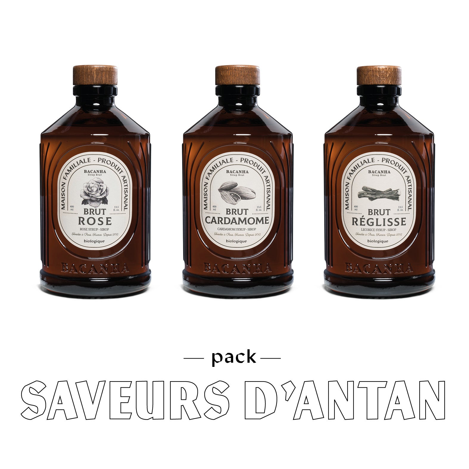 Trois bouteilles de sirop de la marque Bacanha rose, cardamome, réglisse.