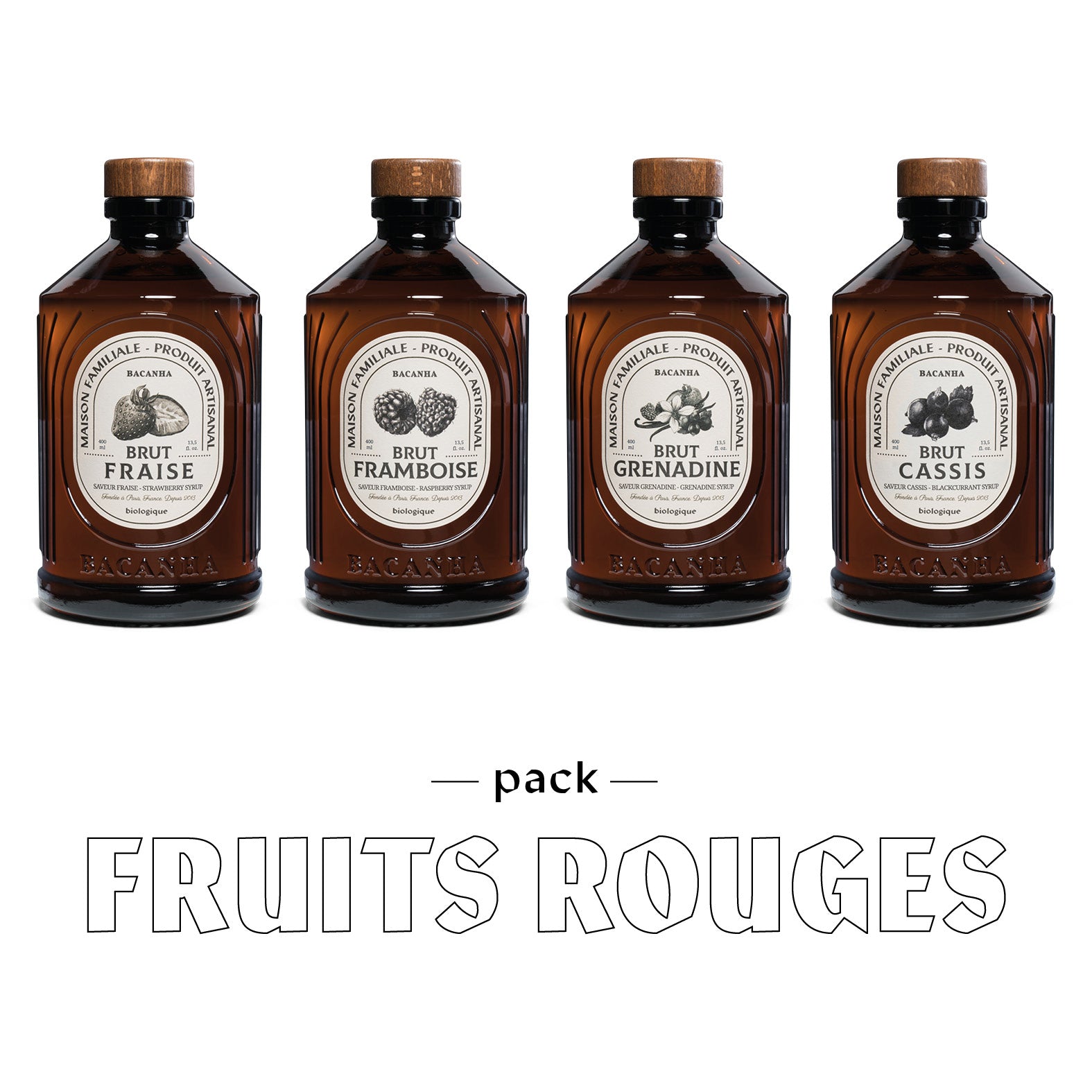 sirops bruts fraise, framboise, grenadine, cassis